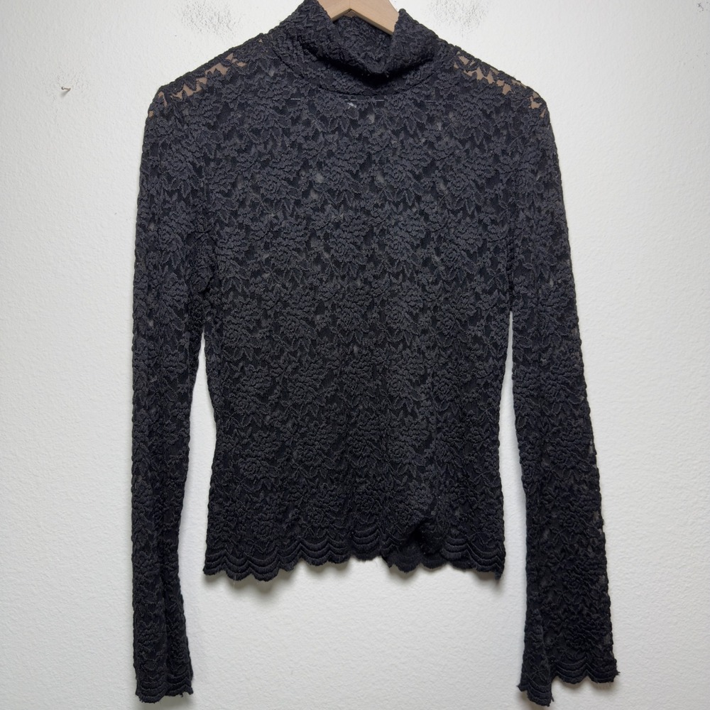 VTG 90s Forenza Women Whimsigoth Lace Mock Neck Top Large Black Sheer Bell